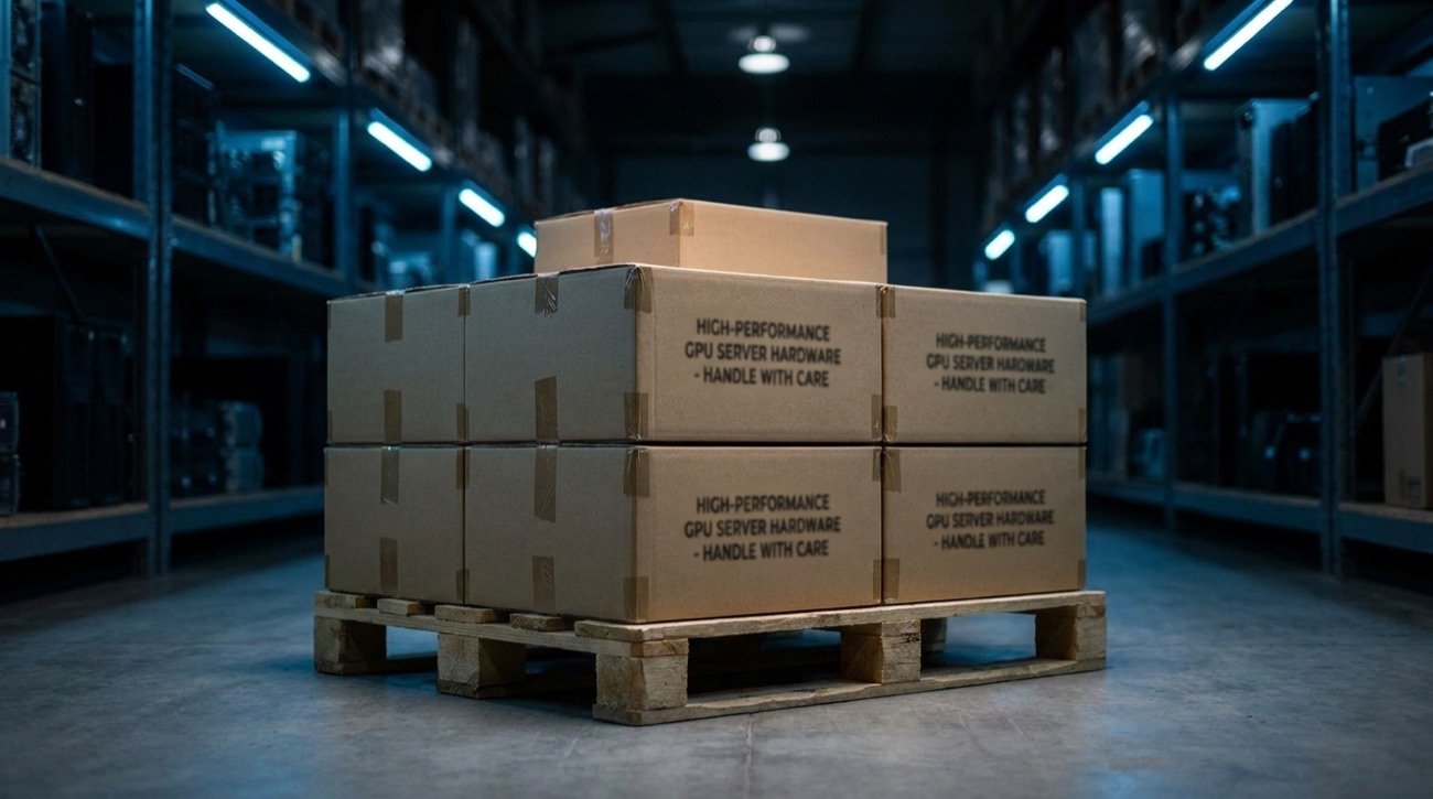 GPU hardware boxes on a warehouse pallet